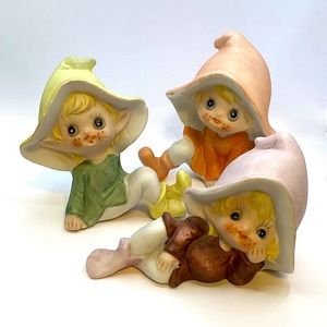 Vintage Set of 3 Ceramc Homco #5213 Elf Pixie Figurine Garden Gnomes
